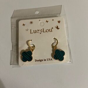 Lucy & Lou Gold Clover Drop Earrings - Teal & Black Stripes